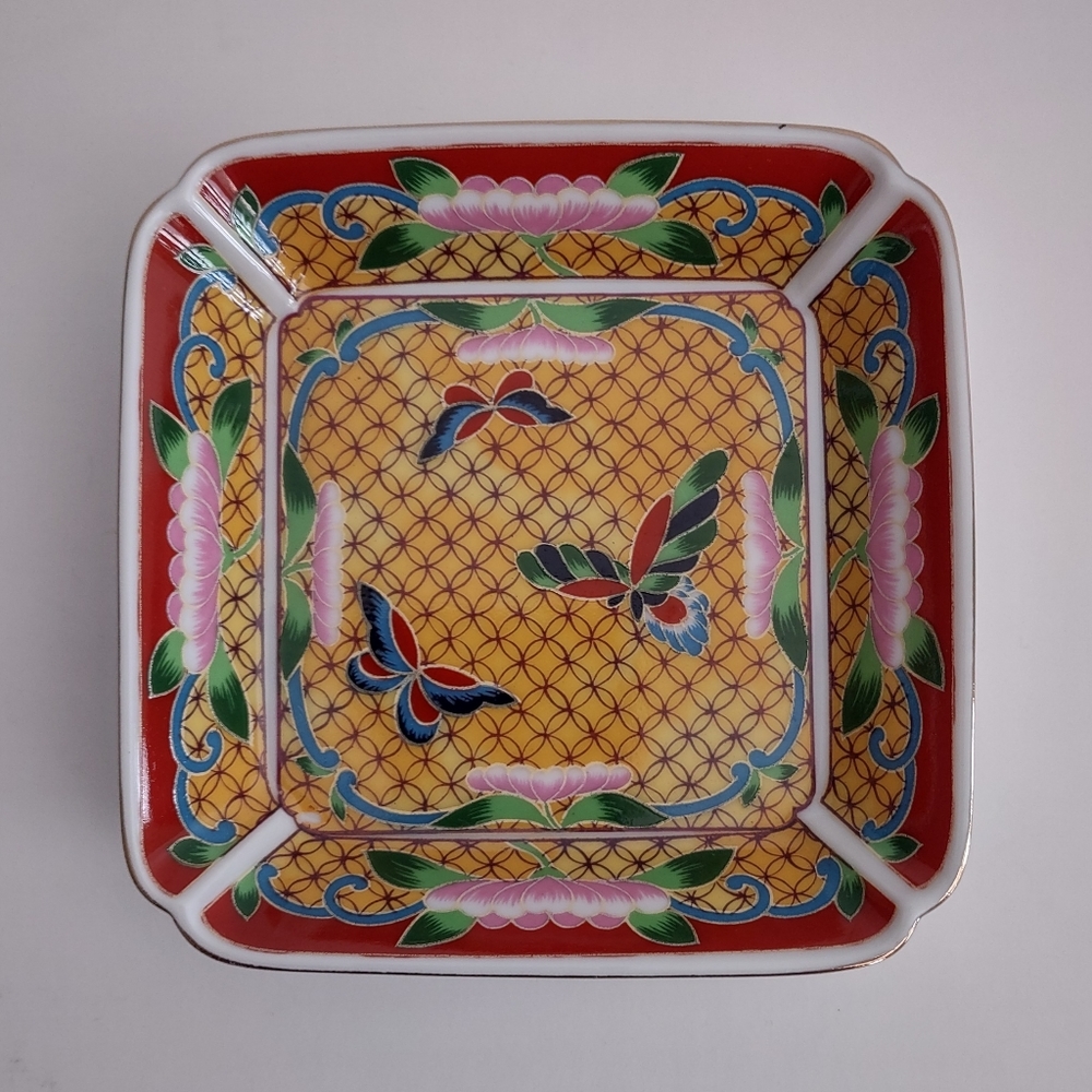 Cloisonné Takahashi Porcelain Butterfly/Lotus Hand decorated Trinket Dish VTG